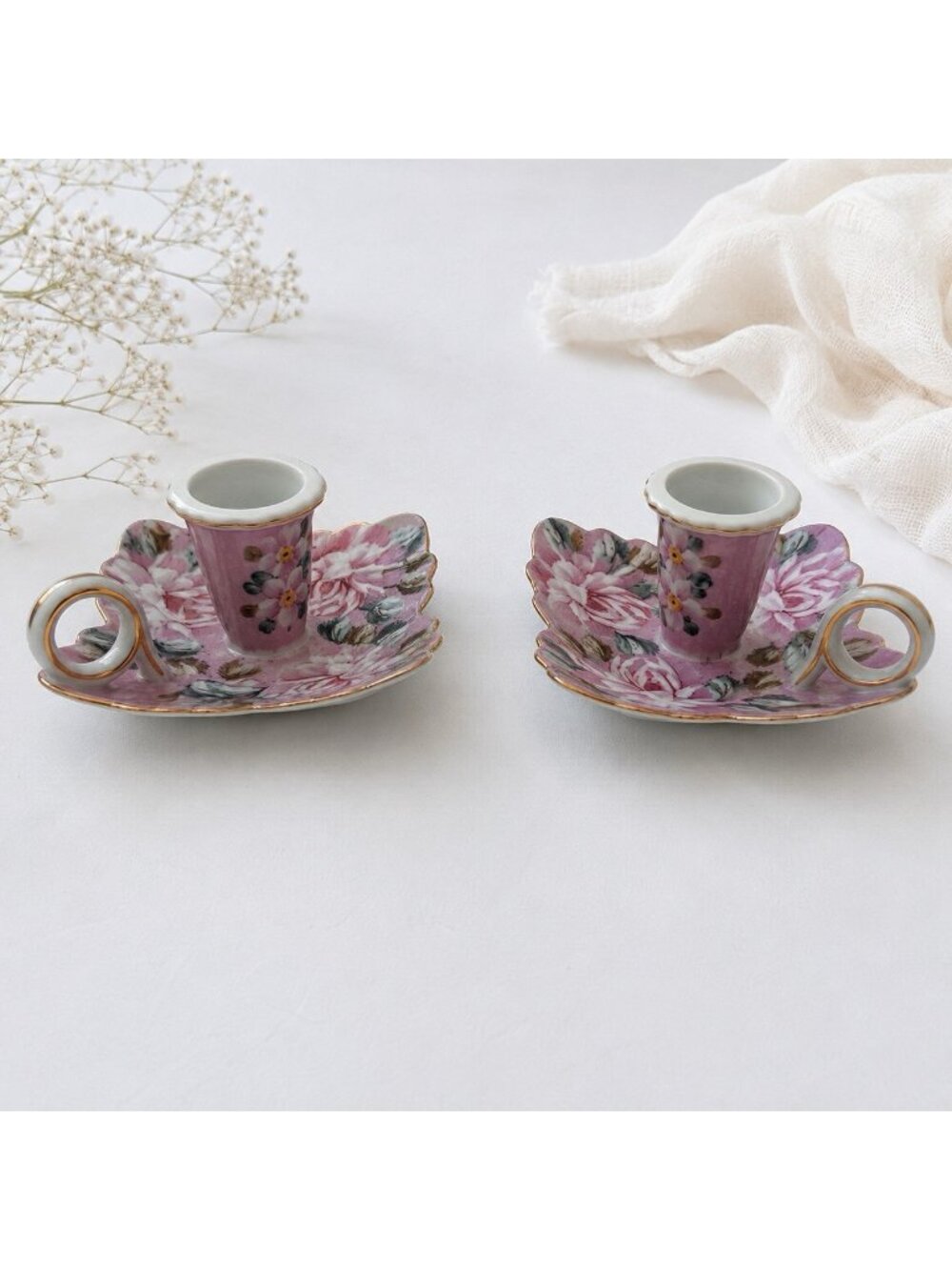 Vintage Porcelain Floral Pink Hand-painted Gold Trim Candle Holders Set of 2